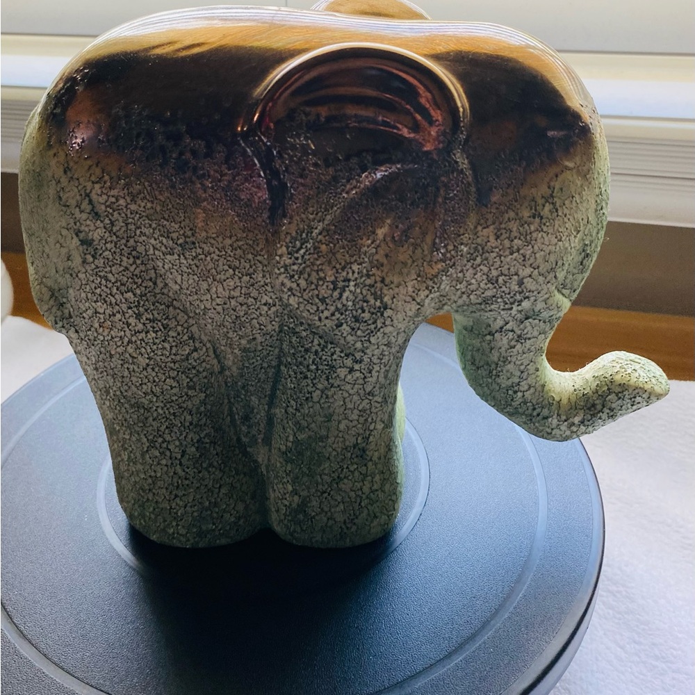 Elephant Sculpture Green with Copper Accents 7.5” x10” Trunk up good luck